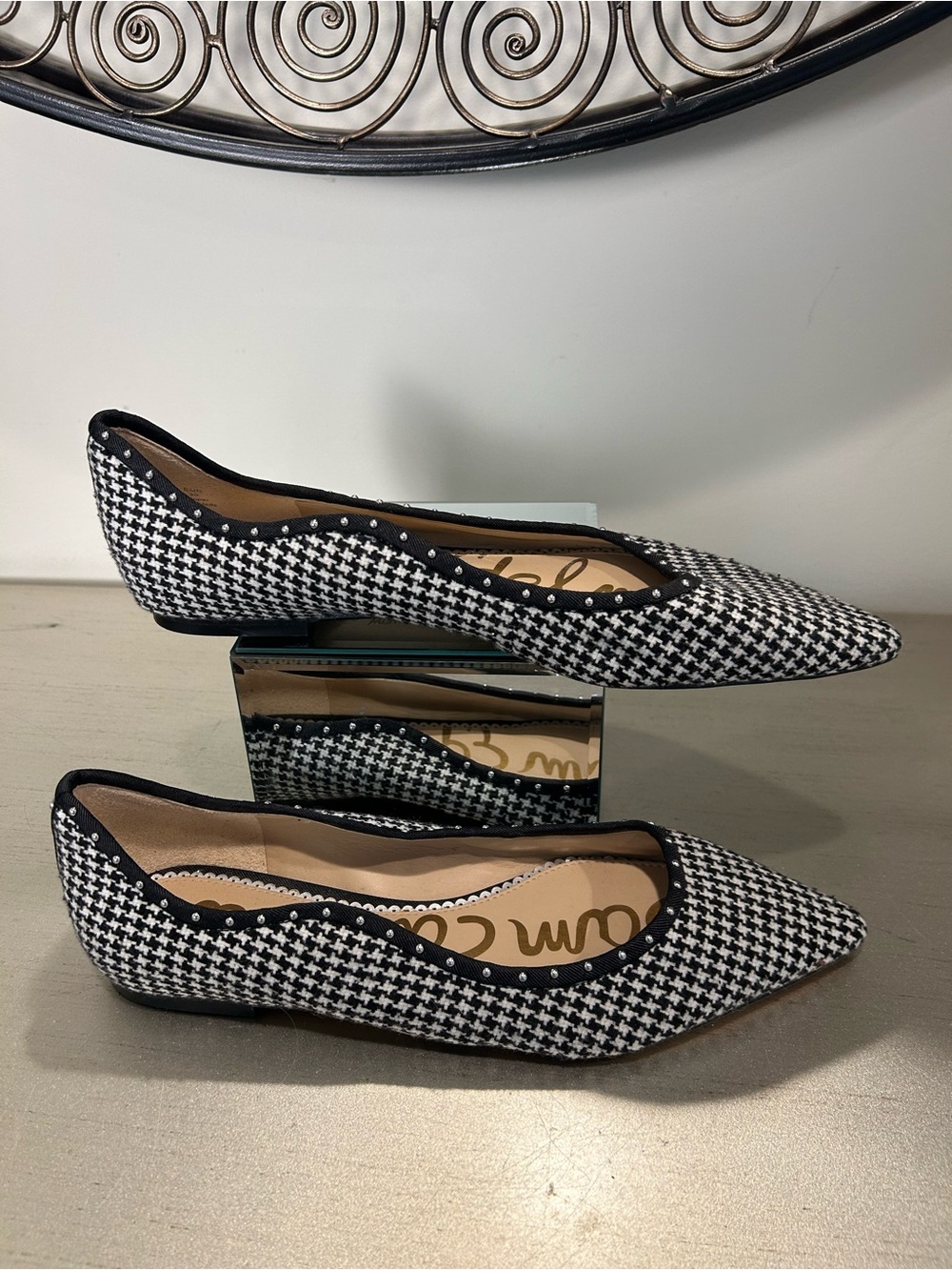 Sam Edelman Black & White Houndstooth Pointed Ballet Flats